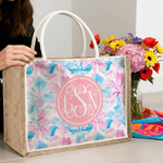 Personnalisé Summer Tropical Floral Monogram Large Capacity Jute Tote Bag with Name Daily Use Birthday Gift for Bestie Sister Woman