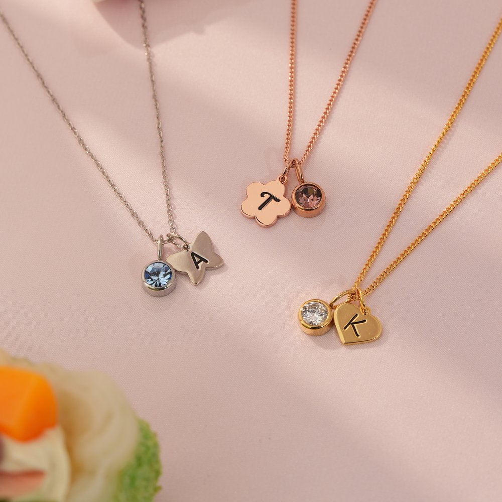 Personalised Birthstone Geometric Necklace with Engraved Initial Dainty Jewellery Birthday Children's Day Gift for Kids 2