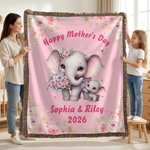 Personalized Cute Cartoon Elephant Mom Kid Flower Soft Throw Blanket with Text Home Decor Anniversary Mother's Day Gift for Mom Grandma