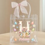 Bolsa transparente personalizada con nombre e inicial diseño de Pascua con lazo rosa conejo y pollitos regalo de fiesta para niños