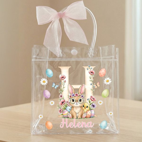 Bolsa transparente personalizada con nombre e inicial diseño de Pascua con lazo rosa conejo y pollitos regalo de fiesta para niños