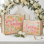 Bolsa de yute grande con nombre para regalo de cumpleaños de Día de la Madre para mujer, con flores personalizadas y diseño de cuadros de colores