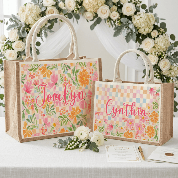 Personalized Flower Colourful Checkered Design Large Jute Bag with Name Mother's Day Birthday Gift for Woman
