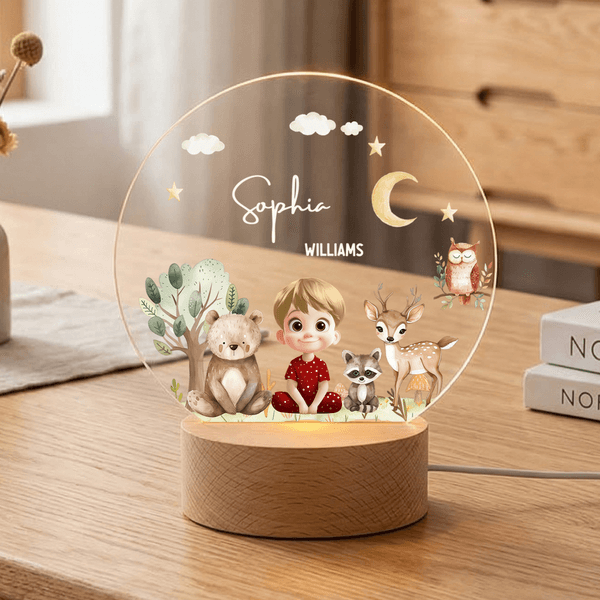 Lámpara de noche de acrílico con nombre y base de madera personalizada para niños con animales del bosque y personajes de dibujos animados Regalo del Día de la Madre para mamá y bebé