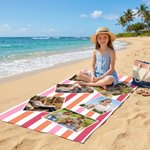 Gepersonaliseerd sneldrogend strandlaken met 6 foto’s en gestreept design voor zomervakantie strandfeest verjaardagscadeau voor familie en vrienden