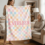 Gepersonaliseerde Bloem Kleurrijk Geruit Design Zachte Deken met Naam Home Decor Moederdag Verjaardagscadeau voor Vrouw