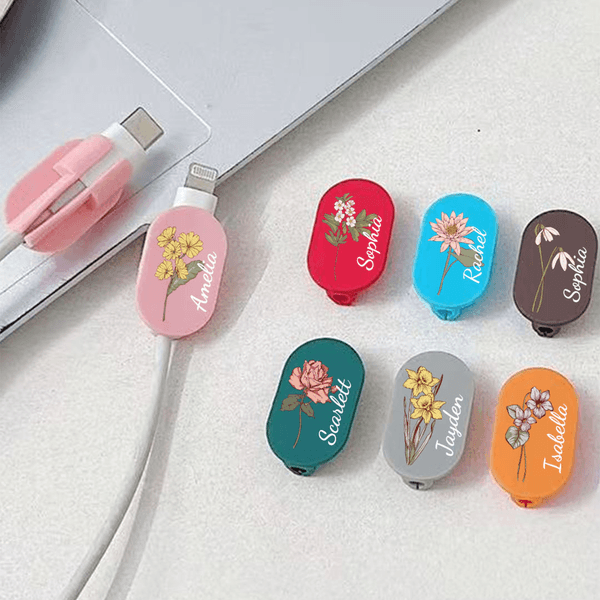 Personalised Multicolour Birth Flower Set of Cable Protector with Name Compatible iPhone Type-C Phone Accessory Birthday Gift for Family Friends