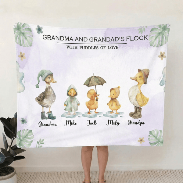 Personalized Watercolour Duck Flock Tassel Soft Throw Blanket with Names and Title Mother's Day Birthday Gift for Grandma Family