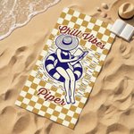 Personalised Chill Vibes Swimming Woman Stripe Checker Quick Dry Soft Oversized Beach Towel with Name Summer Vacation Birthday Gift for Women