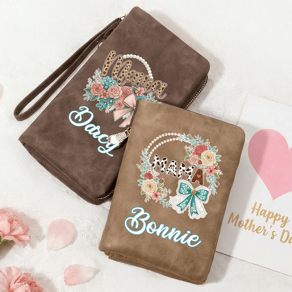 Personalised Mama Bow Flower PU Leather Wallet with Name and Wristlet Mother's Day Birthday Gift for Women