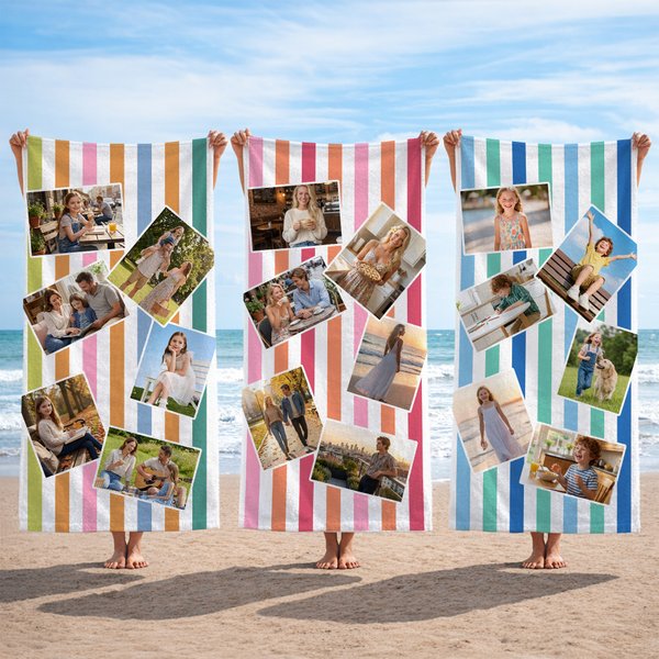 Gepersonaliseerd sneldrogend strandlaken met 6 foto’s en gestreept design voor zomervakantie strandfeest verjaardagscadeau voor familie en vrienden