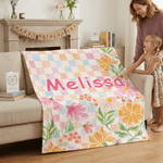 Gepersonaliseerde Bloem Kleurrijk Geruit Design Zachte Deken met Naam Home Decor Moederdag Verjaardagscadeau voor Vrouw