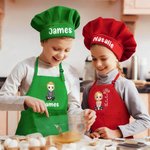 Personalized Cartoon Character Birth Flower Name Adjustable Kid Apron Chef Hat Set with Pocket for Cooking Christmas Birthday Gift for Boys Girls