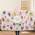 Personalized Cartoon Holy Saints of Heaven Guardian Soft Hooded Blanket with Name Birthday Baptism Gift for Kids Christians