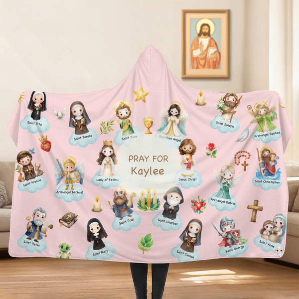 Personalized Cartoon Holy Saints of Heaven Guardian Soft Hooded Blanket with Name Birthday Baptism Gift for Kids Christians