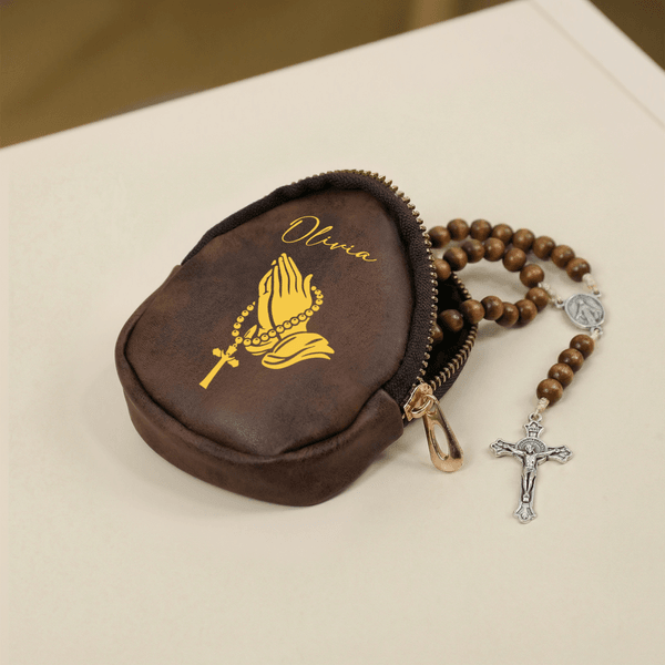 Personalized Cross Pigeon Sheep PU Leather Rosary Pouch Storage Bag with Name and Hanging Clip Daily Use Baptism Religious Gift for Christians