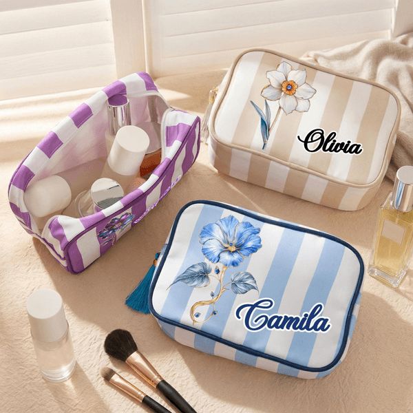 Personalised Birth Flower Striped Canvas Makeup Bag with Tassel and Name Travel Mother's Day Birthday Gift for Mom Woman