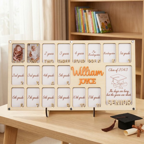 Gepersonaliseerde Geboorte tot en met Afstuderen Schooljaar Houten Fotolijst met Naam Eerste Schooldag Afstudeergeschenk voor Kinderen Afgestudeerden