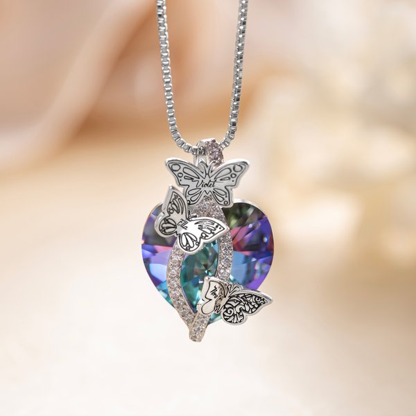 Personalized Birth Month Butterfly Zircon Crystal Heart Pendant Necklace with 1-6 Engraved Name Birthday Mother's Day Gift for Women