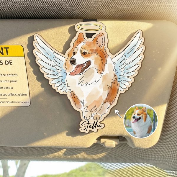 Personalized Watercolor Angel Design Pet Photo Car Visor Clip with Name Car Accessory Pet Loss Memorial Gift for Pet Owner Lover