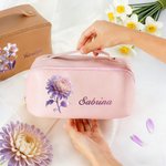 Personalized Birth Flower PU Leather Wide Opening Makeup Bag with Name Travel Essential Daily Use Birthday Gift for Women