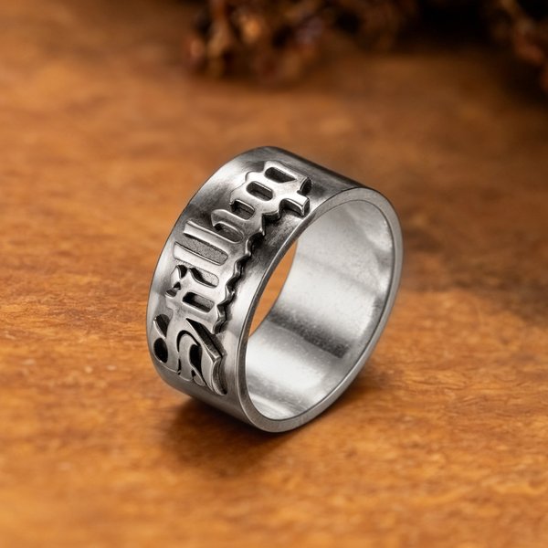 Personalized Old English Font Gothic Ring Tattoo Style Jewelry with Engraved Name Gift for Him Her