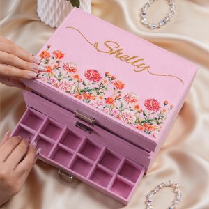 Personalized Birth Flower Multi-Compartments Velvet Jewelry Storage Box with Name Daily Use Birthday Mother's Day Gift for Woman Mom