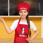 Personalized Cartoon Character Birth Flower Name Adjustable Kid Apron Chef Hat Set with Pocket for Cooking Christmas Birthday Gift for Boys Girls