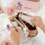 Personalized Birth Flower PU Leather Wide Opening Makeup Bag with Name Travel Essential Daily Use Birthday Gift for Women