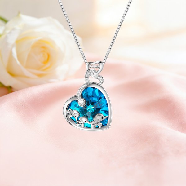 Personalised Heart Shaped Birthstone Mother Child Elephant Dazzling with Crystal Necklace Gift for Her