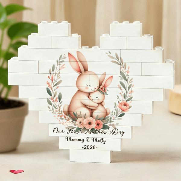 Personalised Rabbit Tiger Mother Baby Animal Heart Building Brick Puzzles with Text and Year First Mother's Day Gift for Mom