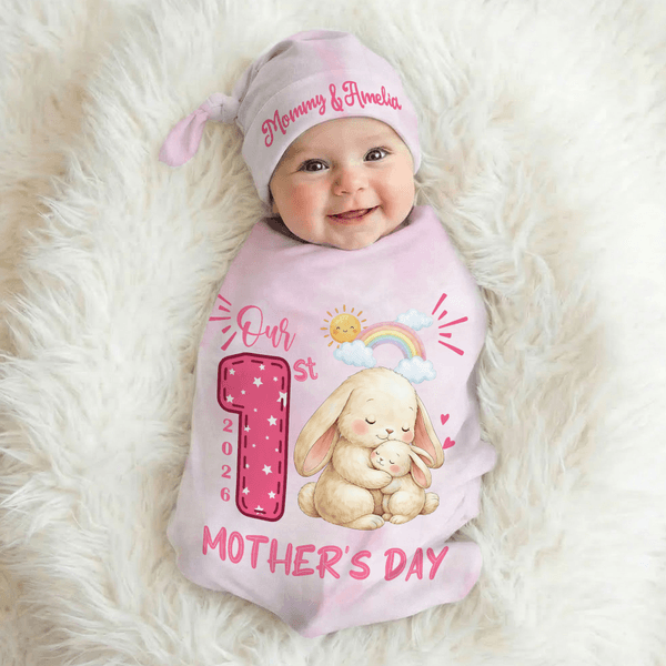 Personalizado Nuestro 1er Día de la Madre Animal Mamá Bebé 100% Algodón Suave Swaddle y Sombrero Set con Año y Nombre Baby Shower Cumpleaños Regalo para Bebé Recién Nacido