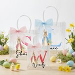 Personalised Cute Peter Rabbit Initial Clear Gift Bag with Name and Pink Bow Ribbon Easter Egg Hunt Party Favors Gift for Kids