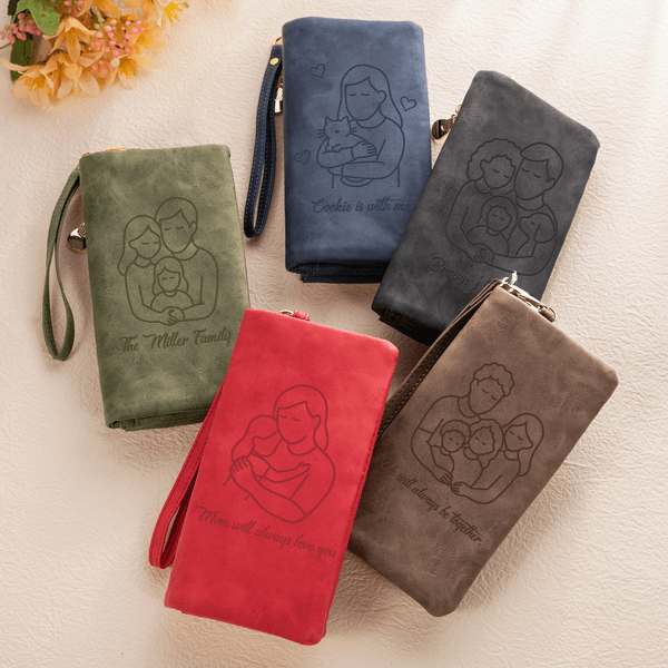 Personalised Line Art Family Pattern Heart PU Leather Tri-Fold Wallet with Wrist Strap and Text Mother's Day Gift for Mom Grandmother