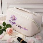 Personalized Birth Flower PU Leather Wide Opening Makeup Bag with Name Travel Essential Daily Use Birthday Gift for Women