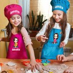 Personalized Cartoon Character Birth Flower Name Adjustable Kid Apron Chef Hat Set with Pocket for Cooking Christmas Birthday Gift for Boys Girls