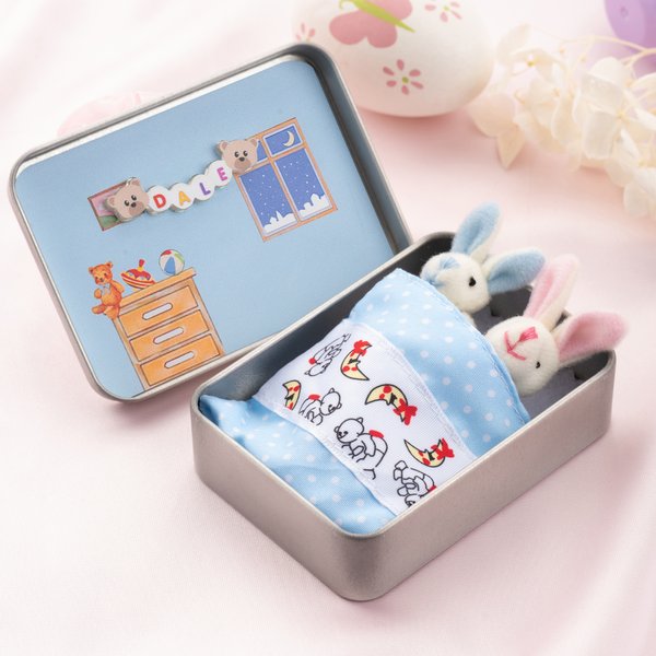Scatola di latta mini personalizzata con nome, con peluche di coniglietto mamma e bambino - Regalo per Pasqua e compleanni per bambini
