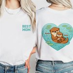 Personalised Cute Cartoon Otter Heart Multicolor Soft T-shirt Sweatshirt with Name and Title Mother's Day Birthday Gift for Mom Grandmother Family