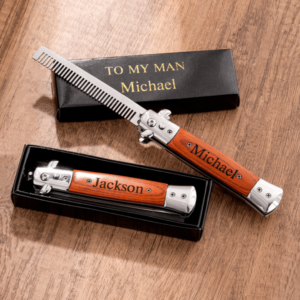 Personalized Engraving Wooden Stainless Steel Foldable Beard Comb with Name Text and Gift Box Father's Day Wedding Gift for Groomsmen Fathers