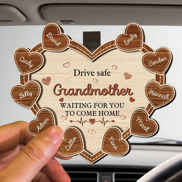 Personalized Drive Safe Heart Wooden Car Sun Visor Clip with 1-10 Names Titile Text Car Accessories Birthday Mother's Day Gift for Mom Family