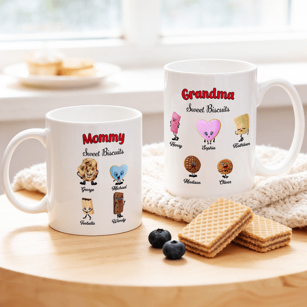 Personalised 1-10 Cartoon Biscuit Wafer 11oz 15oz Ceramic Coffee Mug with Names and Title Mother's Day Birthday Gift for Mom Grandma
