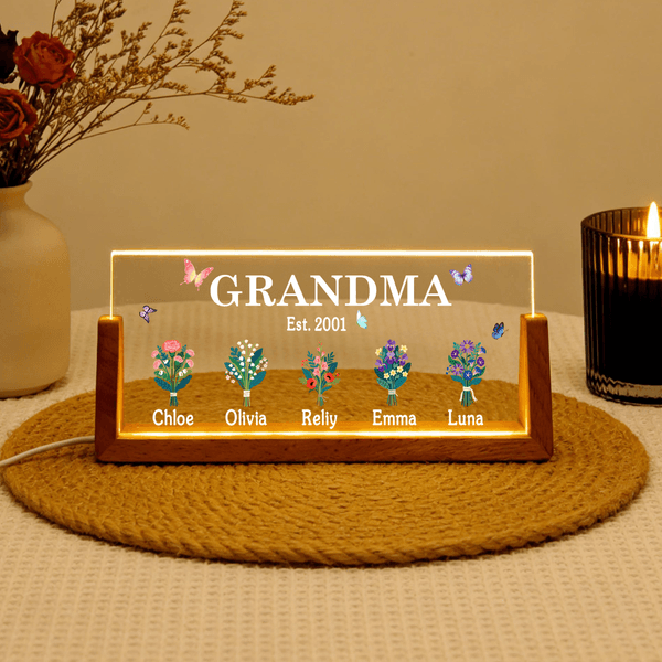 Personalised Butterflies 1-8 Birth Flowers Acrylic LED Night Light with Wooden Base and Name Home Decor Birthday Gift for Mother Grandmother