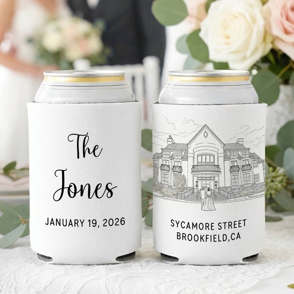 Personalised Simple Line Drawing Style Photo Insulated Beer Can Cooler Sleeve with Surname Date and Text Wedding Party Gift for Couple Family Friend