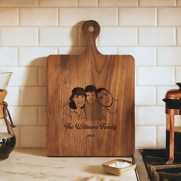 Gepersonaliseerde Gegraveerde Foto Design Charcuterie Snijplank met Tekst en Handvat Keuken Decor Housewarming Gift voor Familie Vriend