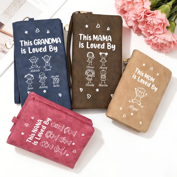 Personalized Cute Cartoon Kid Line Drawing PU Leather Wristlet Wallet with Title and Name Mother's Day Birthday Gift for Mom Grandma