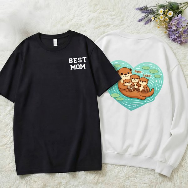 Personalised Cute Cartoon Otter Heart Multicolour Soft T-shirt Sweatshirt with Name and Title Mother's Day Birthday Gift for Mom Grandmother Family