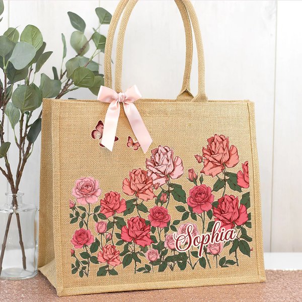 Personalizado Nacimiento Flor Mariposa Gran Capacidad Bolsa de Yute Tote con Nombre Uso Diario Día de la Madre Cumpleaños Regalo para Mamá Abuela Mujer