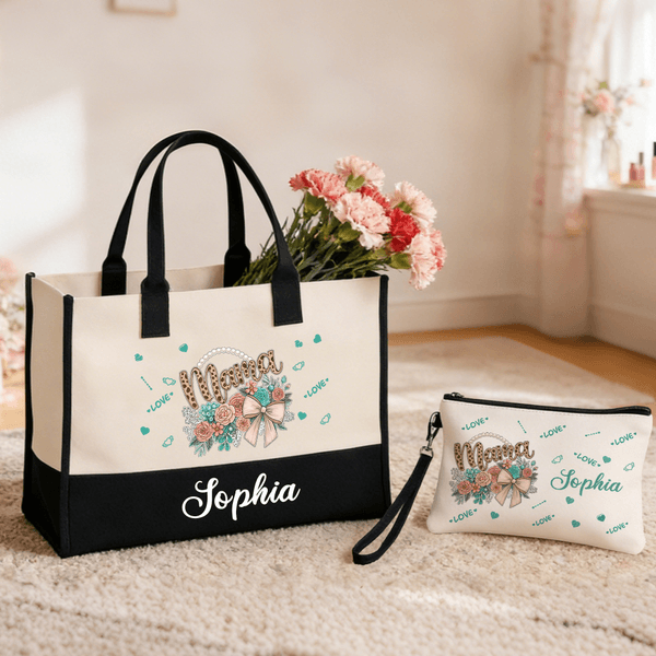 Personalised Mama Bow Flower Large Tote Bag Portable Makeup Bag with Name Birthday Mother's Day Gift for Mom Grandma Family