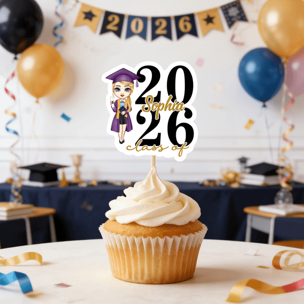 Personalised Cartoon Character Graduation Cupcake Topper with Name and Year for Cupcake Decor Graduation Gift for Graduates Friends