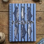 Personalised Sardine Mackerel Flounder Striped A5 Spiral Notebook with Name and 60 Lined Pages Birthday Gift for Fishing Enthusiasts